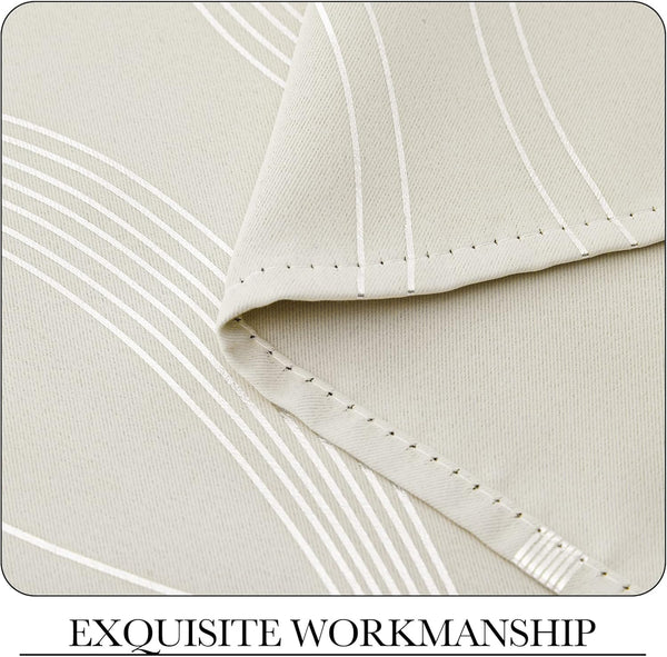 Textured light beige fabric with elegant white stripe pattern and visible, neat stitching along the fold.