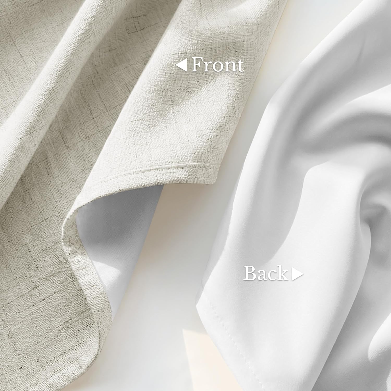 Close-up of a light beige textured curtain fabric front next to its smooth white blackout lining back.