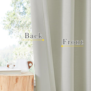 Light beige textured curtain close-up, highlighting its visible woven front and smoother, light-blocking back.