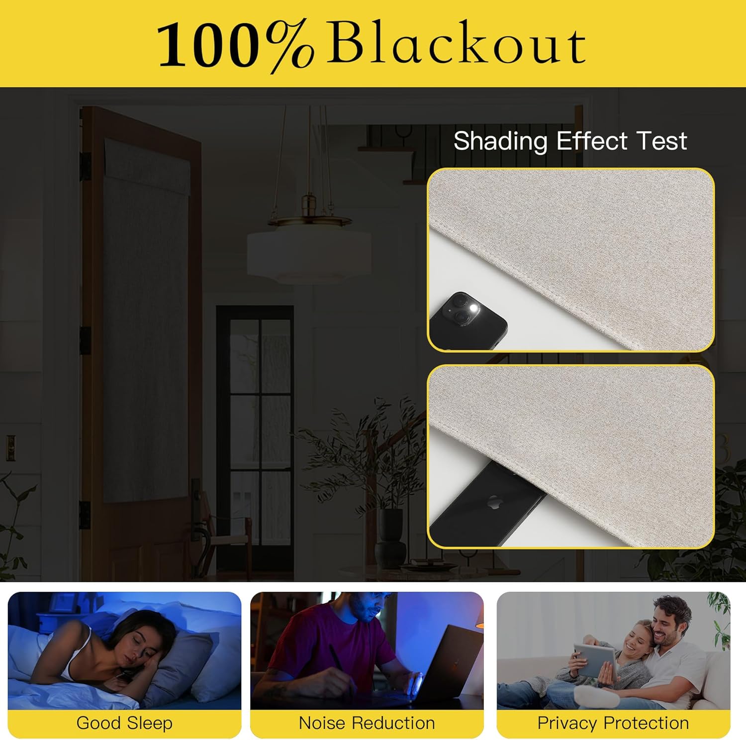Light beige textured blackout panel on a door, showing 100% light blockage in a test.