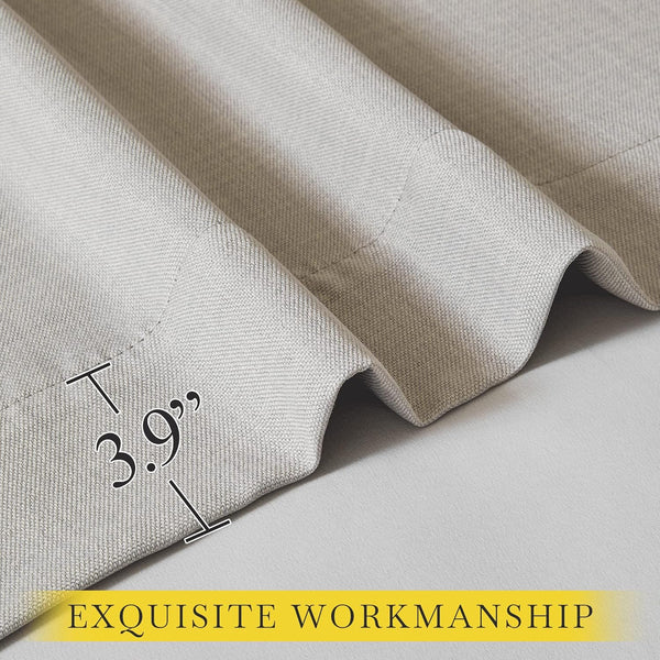 Detailed view of light beige textured curtain fabric, highlighting a precise 3.9-inch stitched hem.
