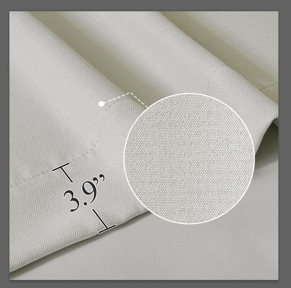 Close-up of light beige textured woven fabric, highlighting its fine texture and 3.9-inch hem measurement.