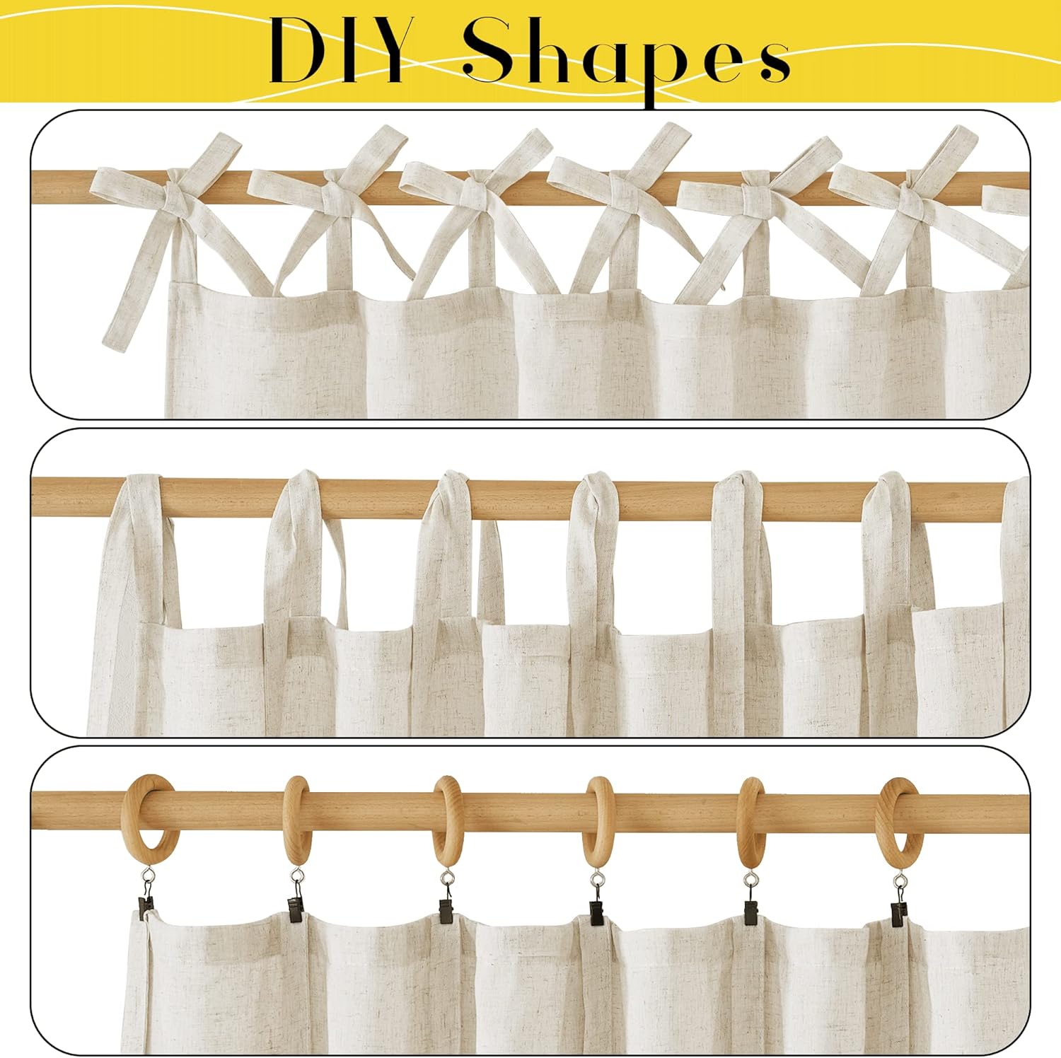 Light beige textured fabric curtains with tie-top, loop-tab, and clip-ring hanging options on a wooden rod.