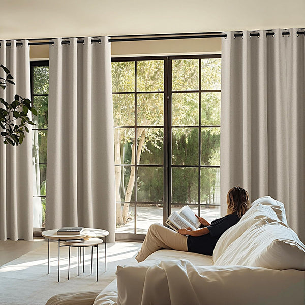 Modern light beige textured curtains with grommet tops cover a large window, enhancing a sunny room's decor.
