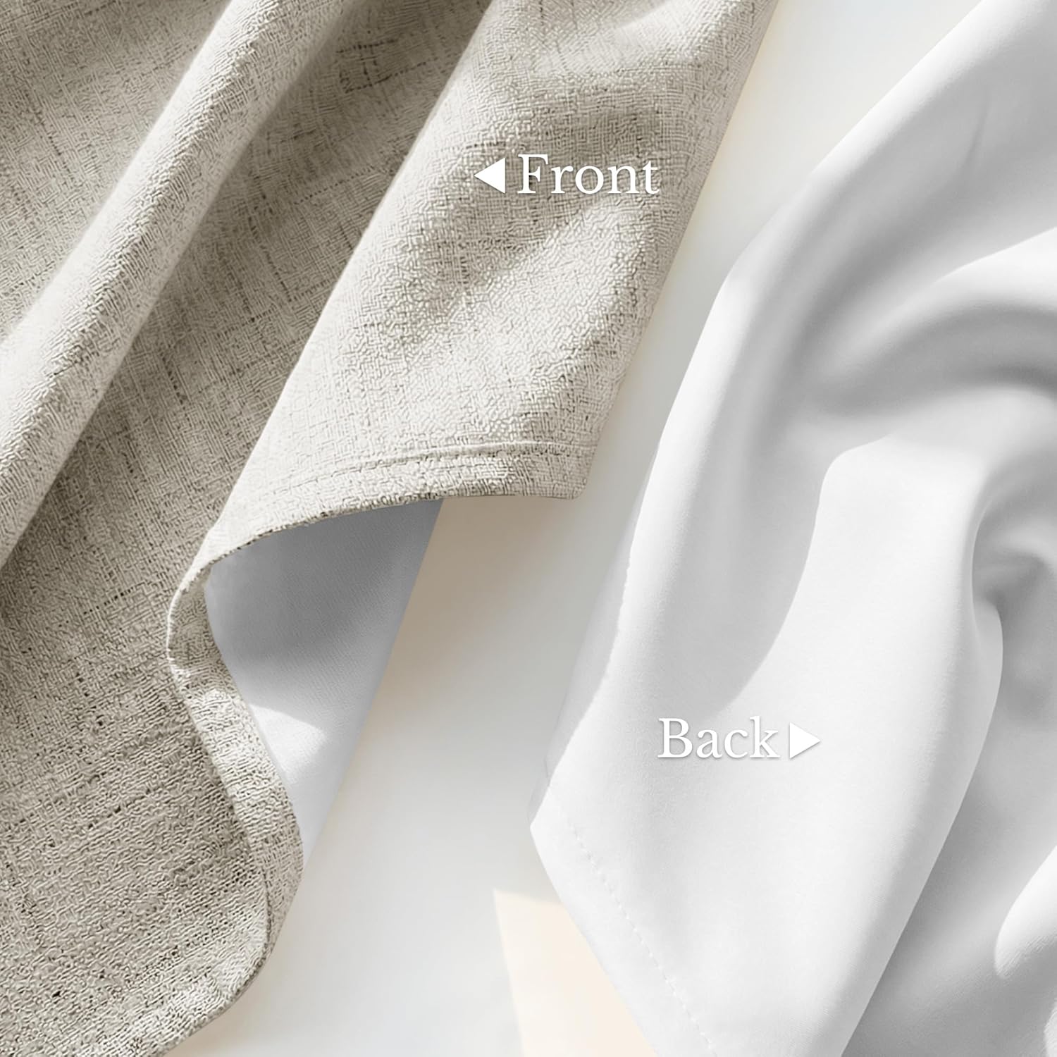 Light beige textured linen-look curtain front with smooth white blackout lining visible.