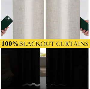 Light beige textured linen blackout curtains. Flashlight test shows zero light penetration, making the room dark.