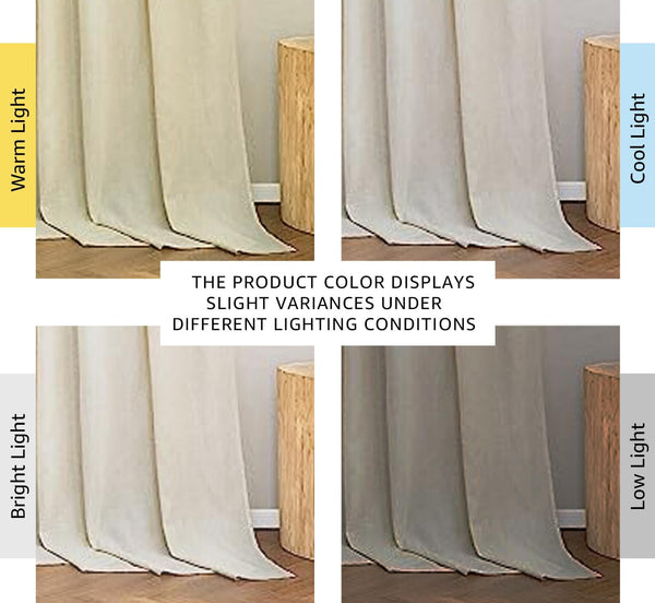 Textured off-white linen curtains showing color variance under different lighting conditions.