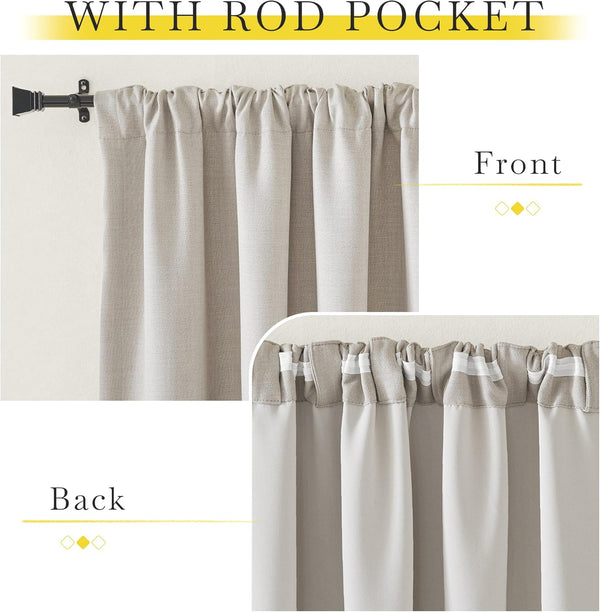 Light beige textured rod pocket curtain hanging on a black rod, showing front and detailed back view.