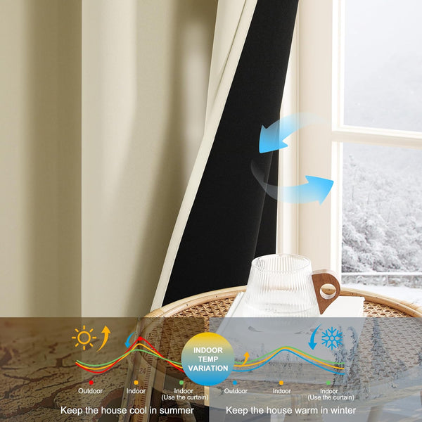 Light beige thermal blackout curtain with black lining, partially drawn against a snowy window.