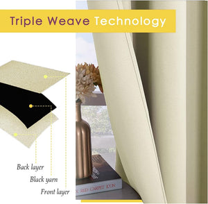 Light beige triple weave blackout curtain fabric, showing layered construction with black yarn.