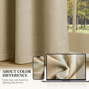 Light beige velvet curtain fabric sample, with screens showing color variations under different lighting conditions.