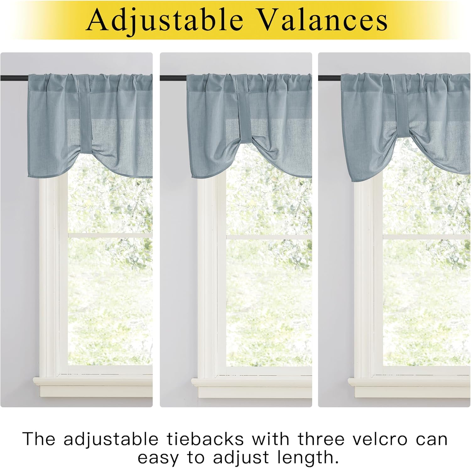 Adjustable light blue linen blend tie-up valance with a decorative swag, shown on a window.