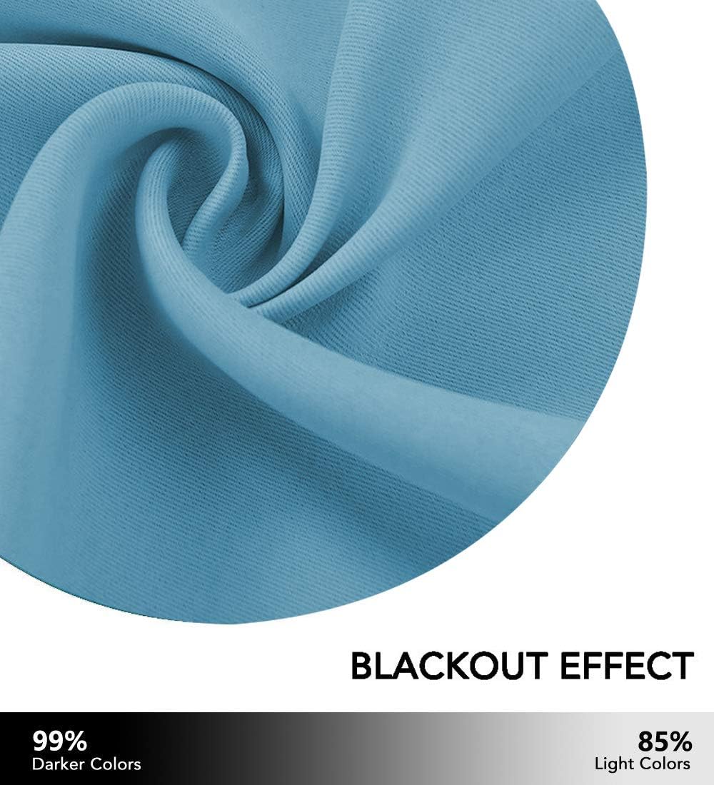 Close-up of light blue blackout fabric, highlighting smooth texture and folds, demonstrating effective room darkening.