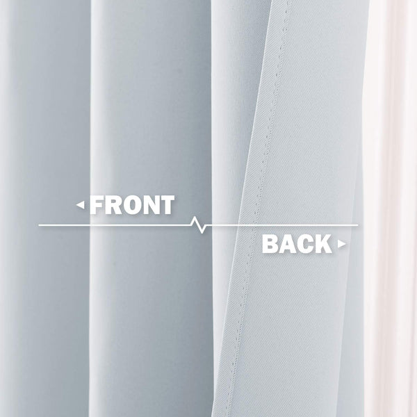 Close-up of light blue blackout curtain fabric, showing smooth front and textured back.