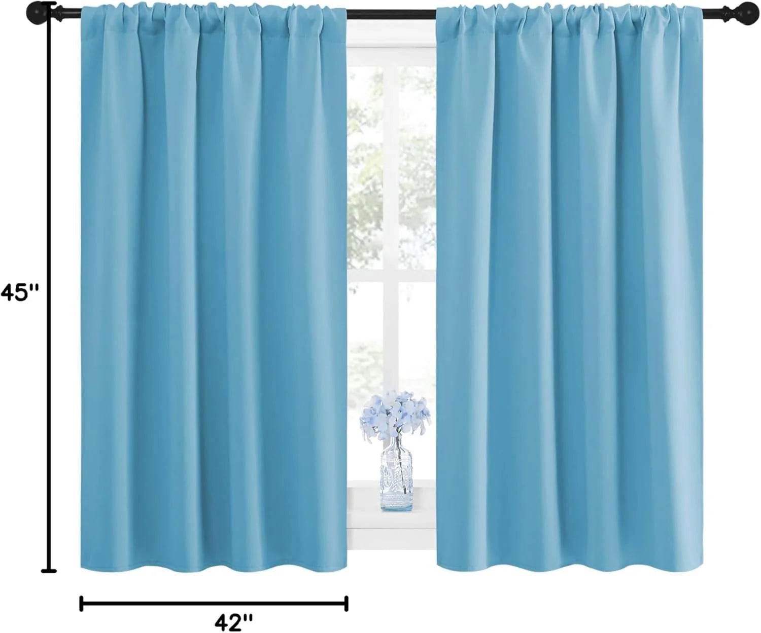 Pair of light blue solid curtain panels with rod pocket top displayed on a window with dimensions.