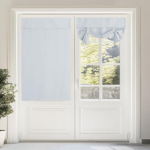 Light blue door window treatments on white French door. Includes a flat panel and a tied balloon shade.