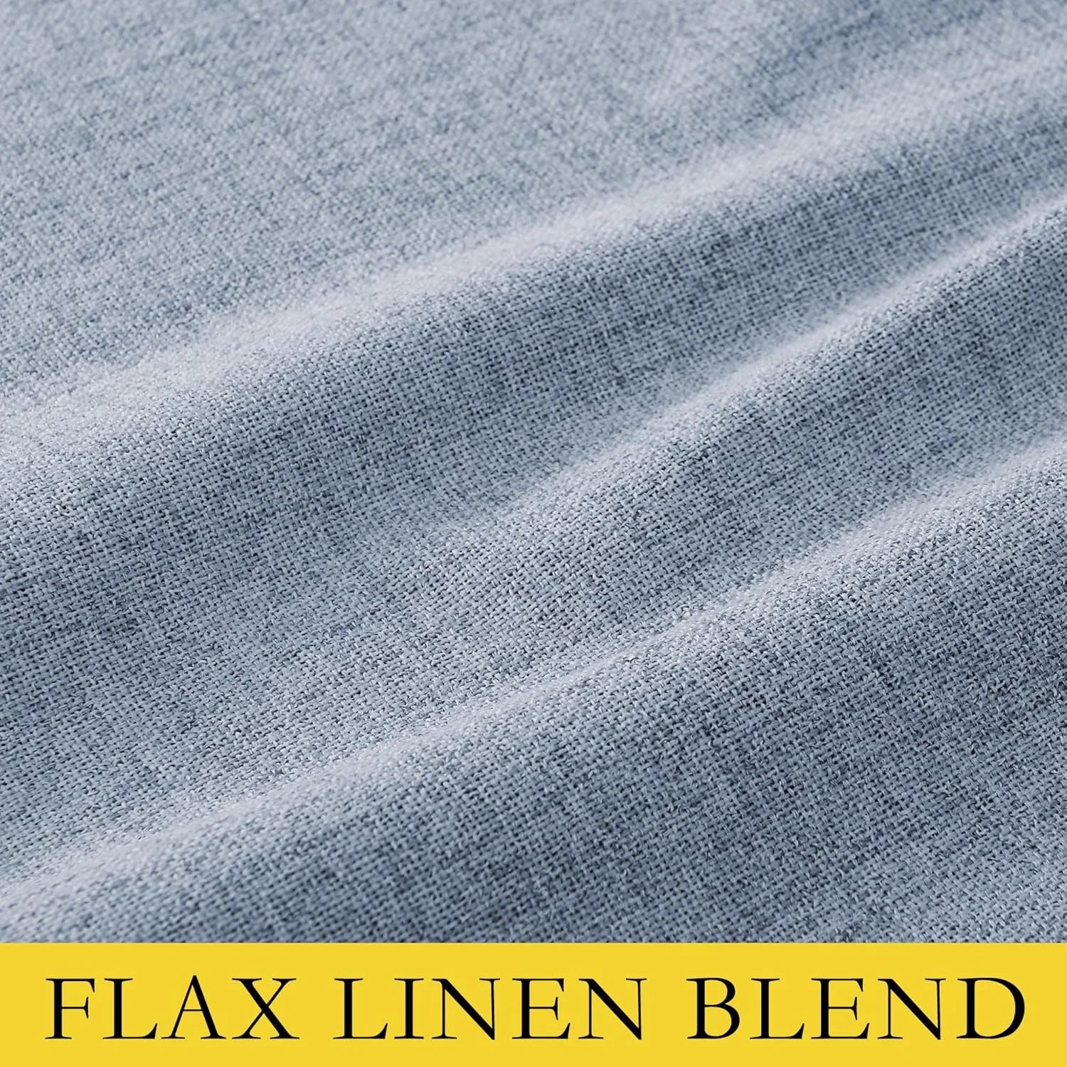 Close-up of light blue flax linen blend fabric with soft woven texture and folds