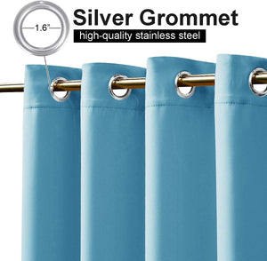 Light blue curtains with silver stainless steel grommet tops, 1.6 inch diameter, hanging on a golden curtain rod.