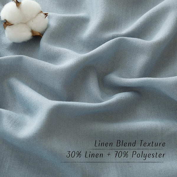 Soft light blue fabric swatch, 30% linen and 70% polyester blend, featuring a gentle texture.