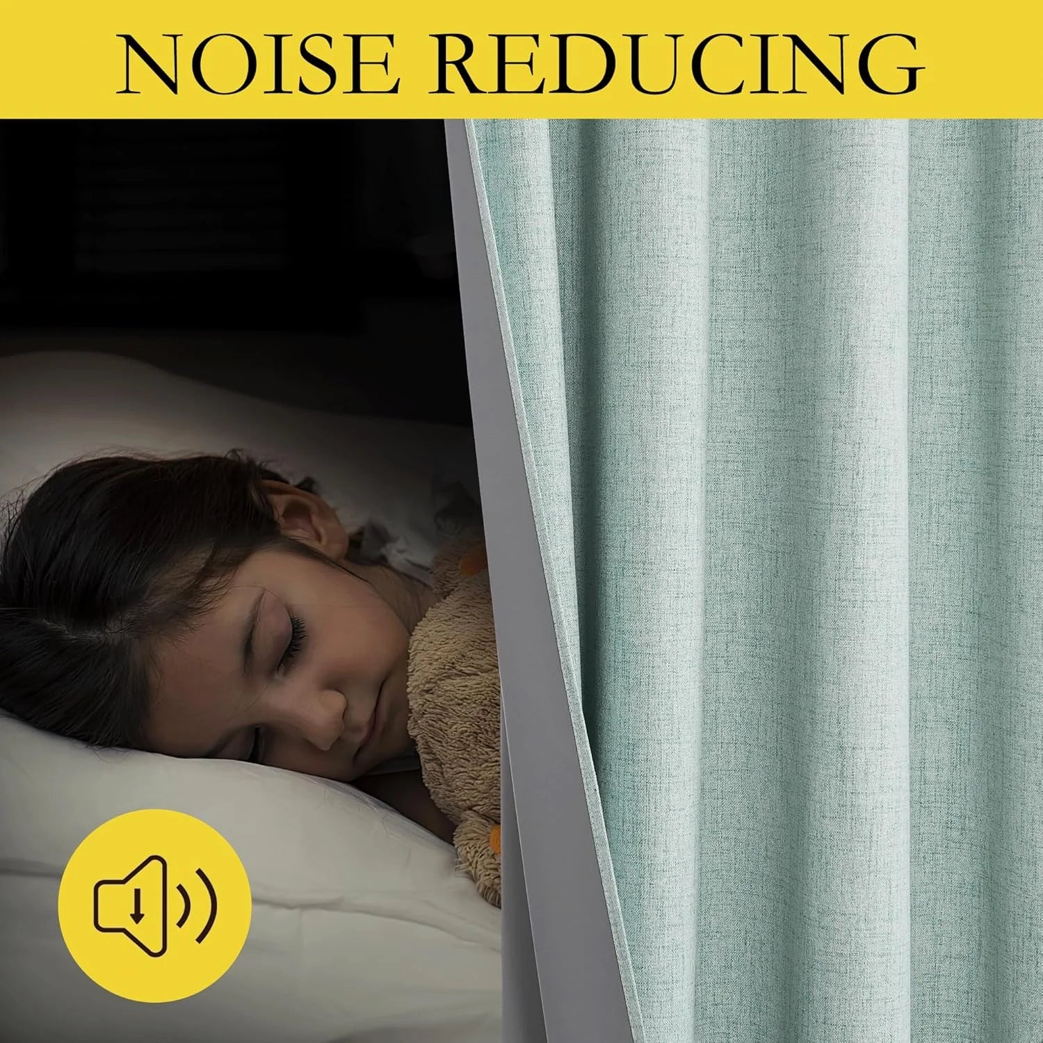 Light blue textured noise-reducing curtain beside a sleeping child in a dark bedroom