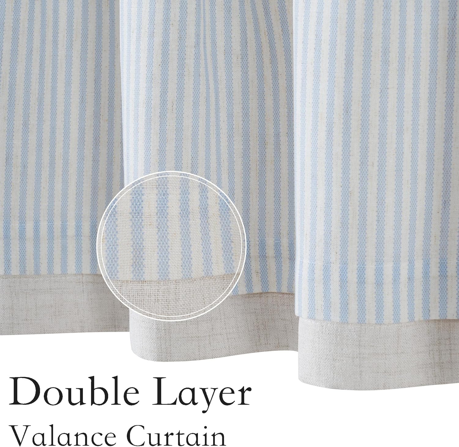 Light blue and white striped double layer valance curtain with natural linen-look bottom. Visible woven texture.
