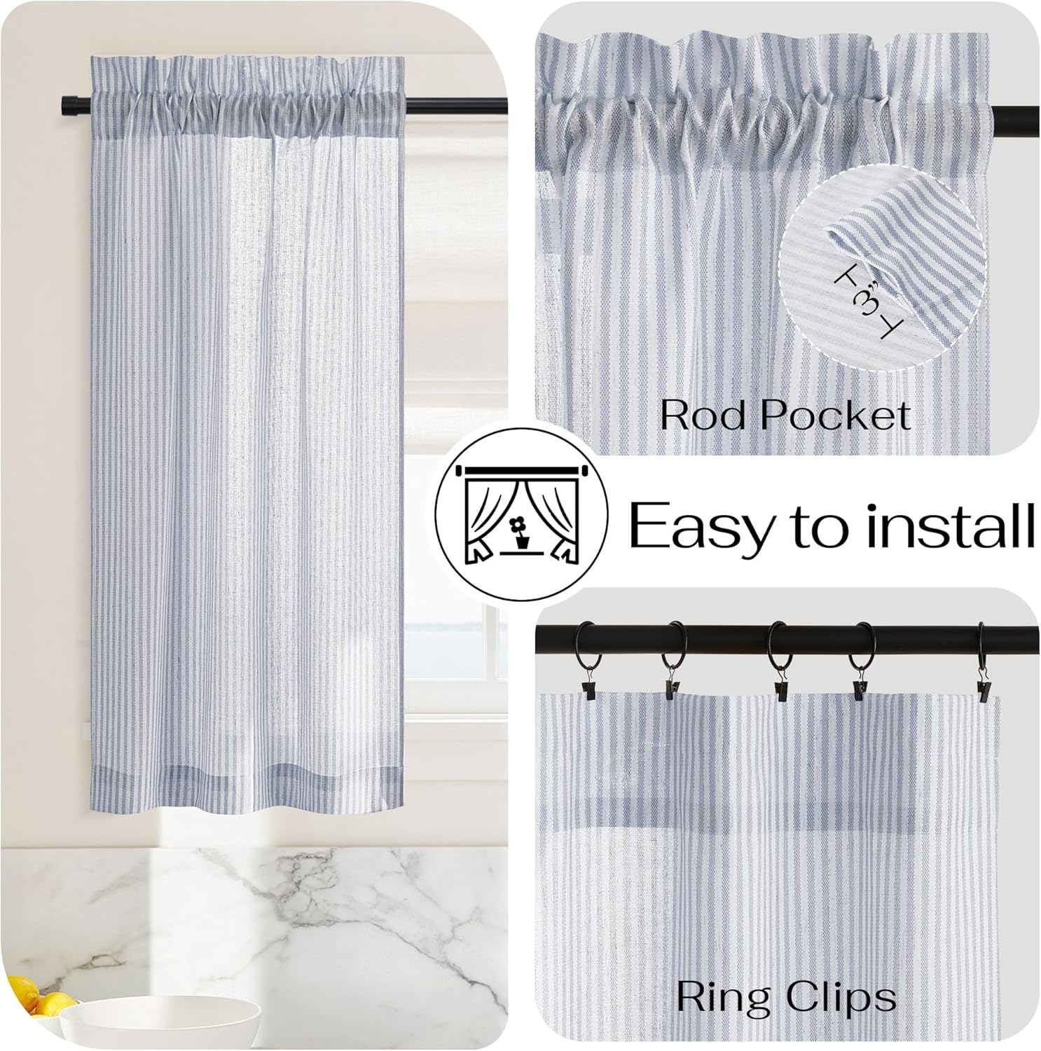 Light blue and white striped semi-sheer cafe curtain with rod pocket top. Easily installed, compatible with ring clips.