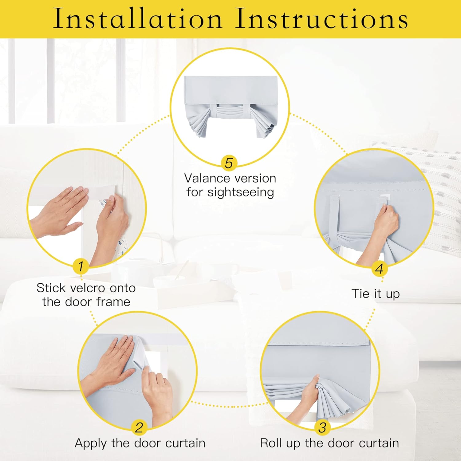 Five-step visual guide showing how to install a light blue tie-up door curtain with velcro, demonstrating rolling it into a valance.