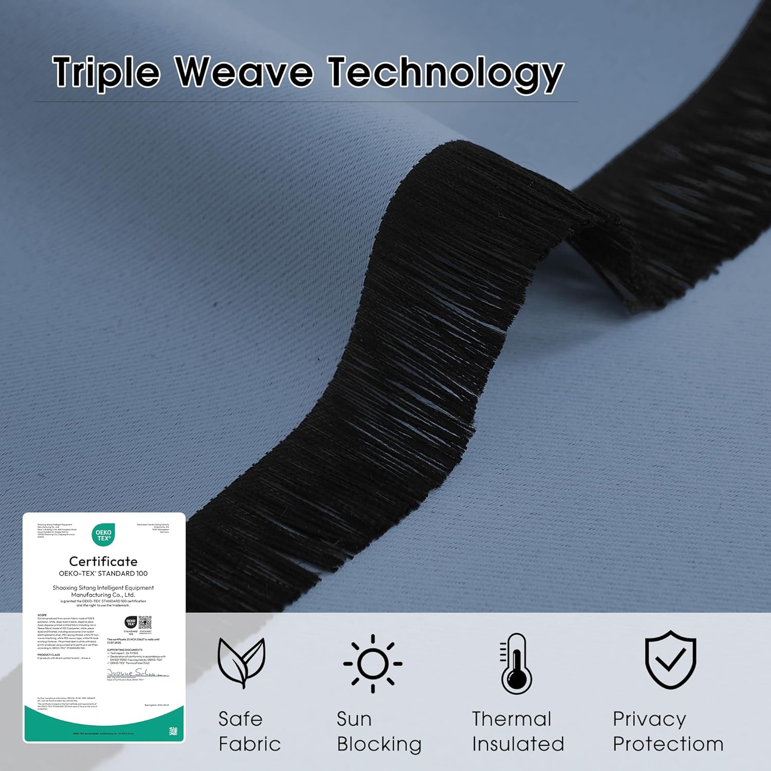 Light blue triple weave blackout fabric close-up, showing black core for sun blocking, thermal insulation.