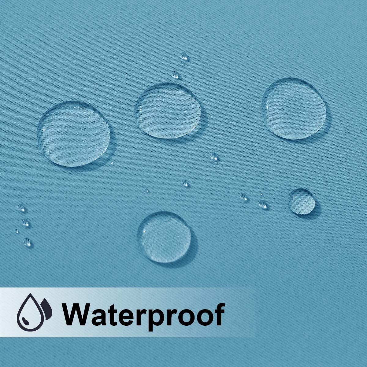 Close-up of light blue woven fabric with clear water droplets beading and repelling on the waterproof surface