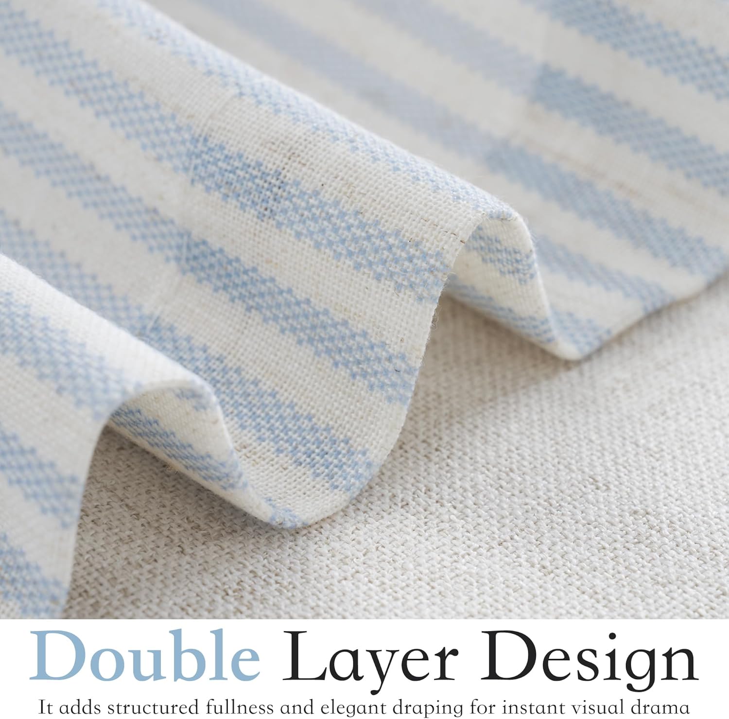 Close-up of light blue and white striped double-layer woven fabric with a visible textured linen-look surface.