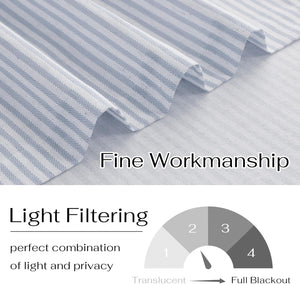 Close-up of light blue and white striped light filtering fabric with fine workmanship.