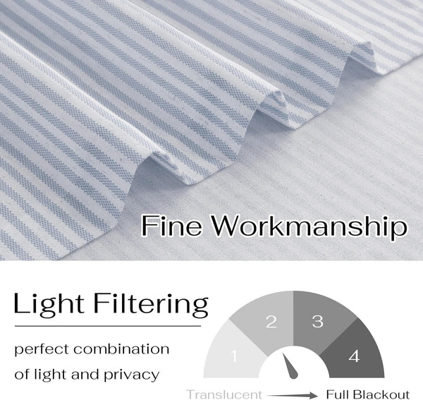 Close-up of light blue and white striped light filtering fabric with fine workmanship.