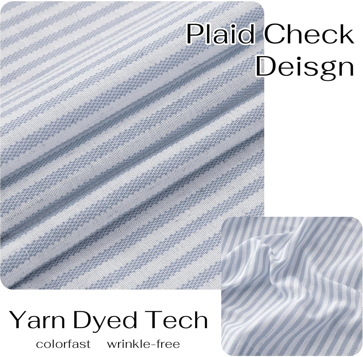 Close-up of light blue and white yarn-dyed fabric featuring thin textured stripes and subtle check pattern.