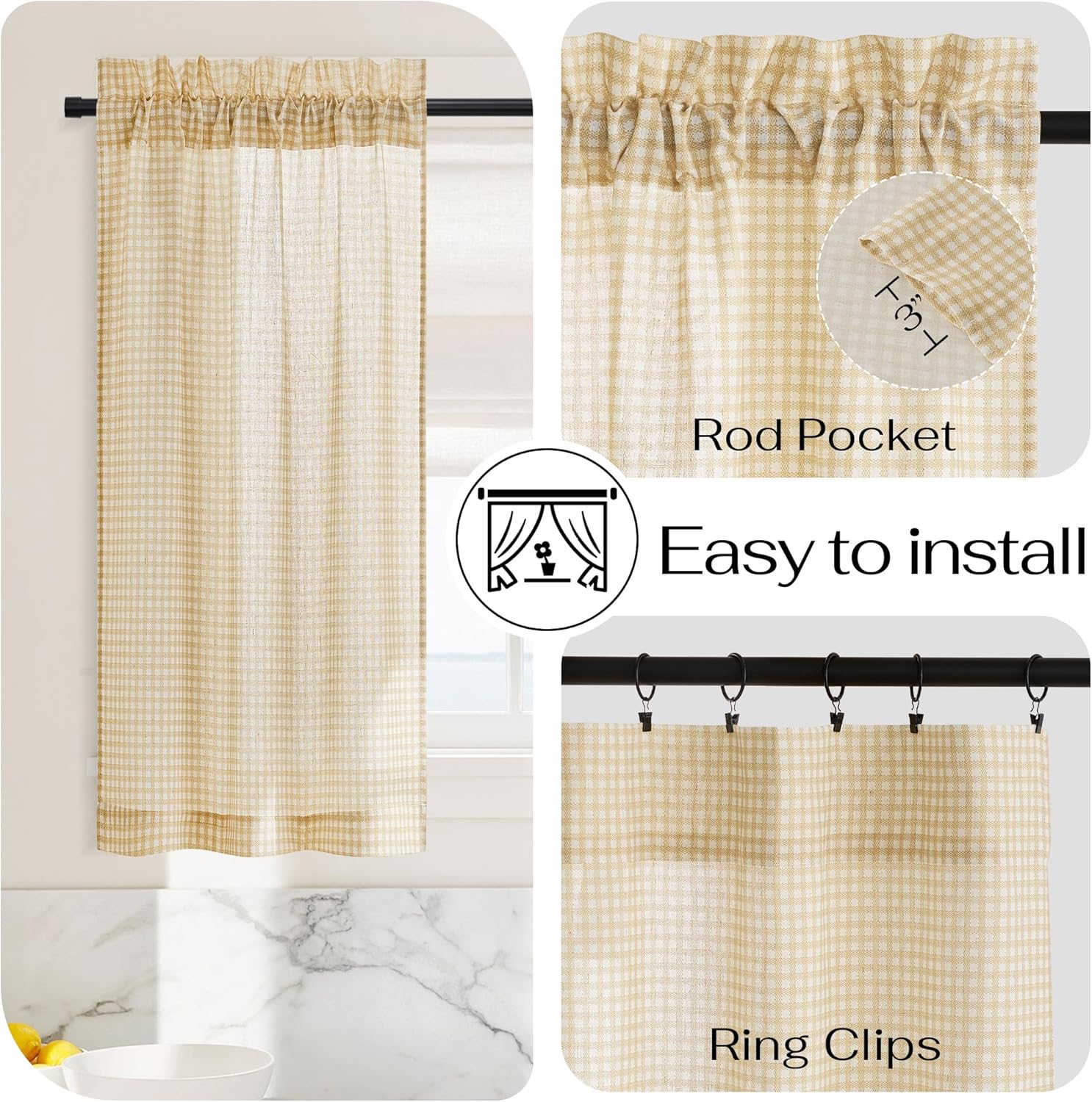 Light brown and white gingham check cafe curtain featuring a rod pocket top, made from semi-sheer fabric.