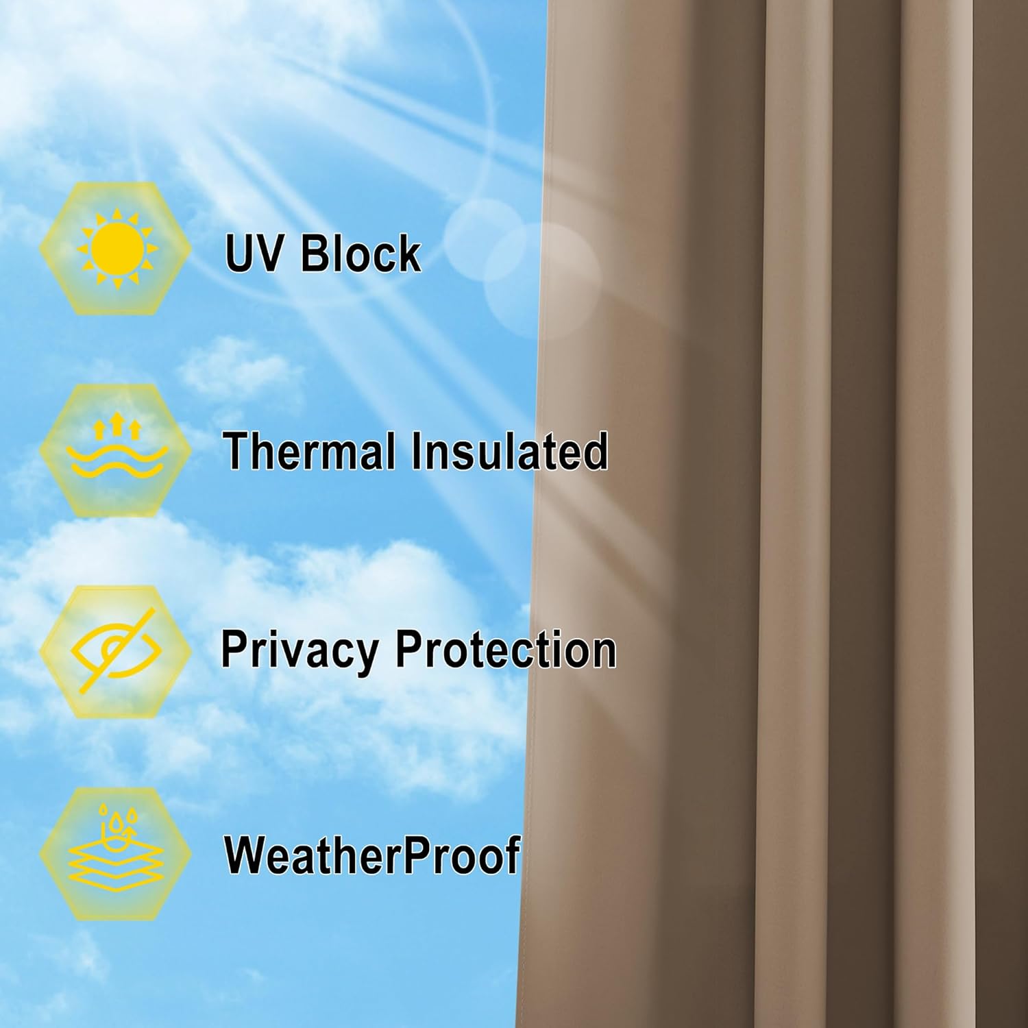 Light brown curtain panel against blue sky, showcasing UV block, thermal, and privacy features.