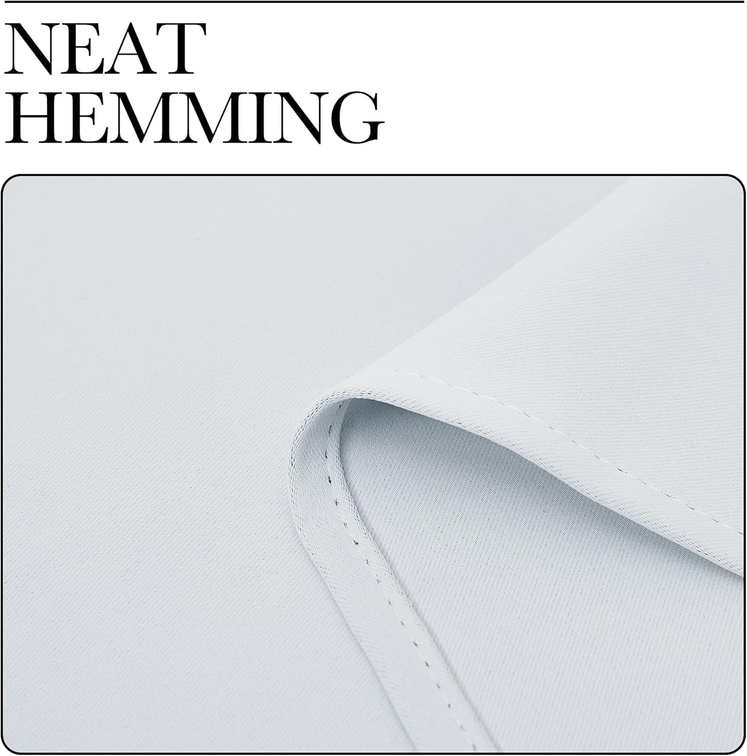 Close-up of light gray fabric showing neat, uniform hemming with visible, precise stitching.