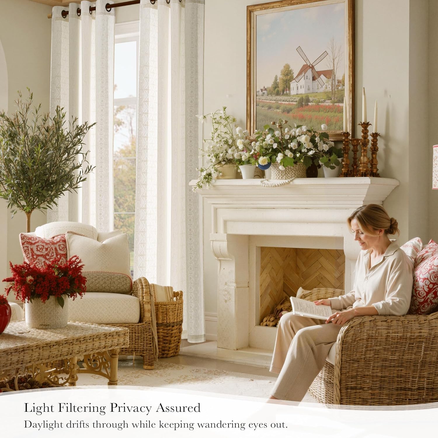 Light-filtering cream grommet curtains with geometric pattern in a cozy living room