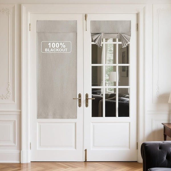Light gray blackout French door shades. One full panel, one tie-up Roman style, made from soft textured fabric.