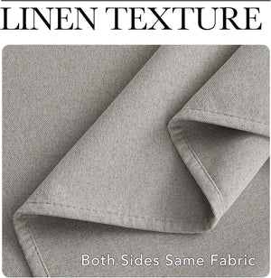 Close-up of light gray linen fabric, revealing its textured weave and consistent appearance on both sides.