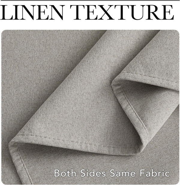 Close-up of light gray linen fabric, revealing its textured weave and consistent appearance on both sides.