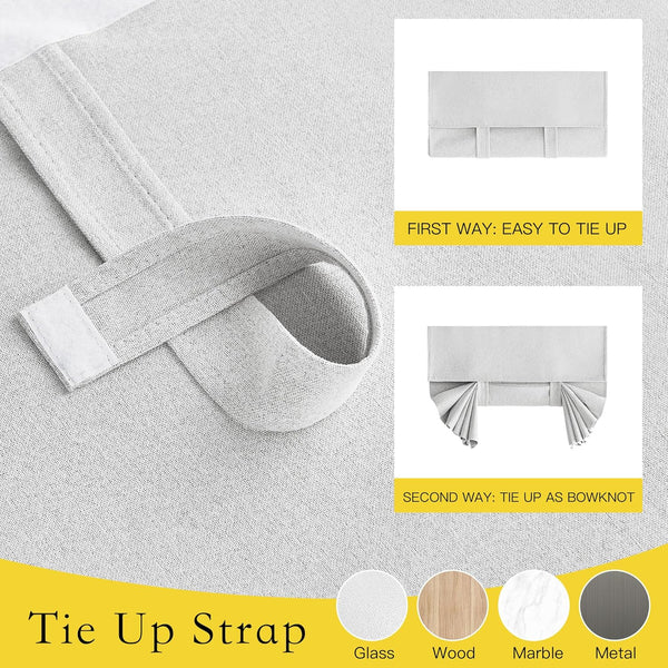 Light gray linen-look tie-up strap for window shades, demonstrating flat and bowknot styling options.