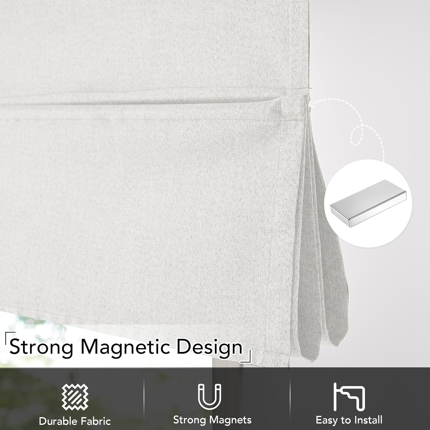 Light gray textured fabric window shade rolled up with strong magnetic design.