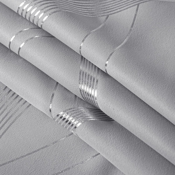 Detailed view of light gray textured wallpaper with shimmering metallic silver wavy and straight lines pattern.