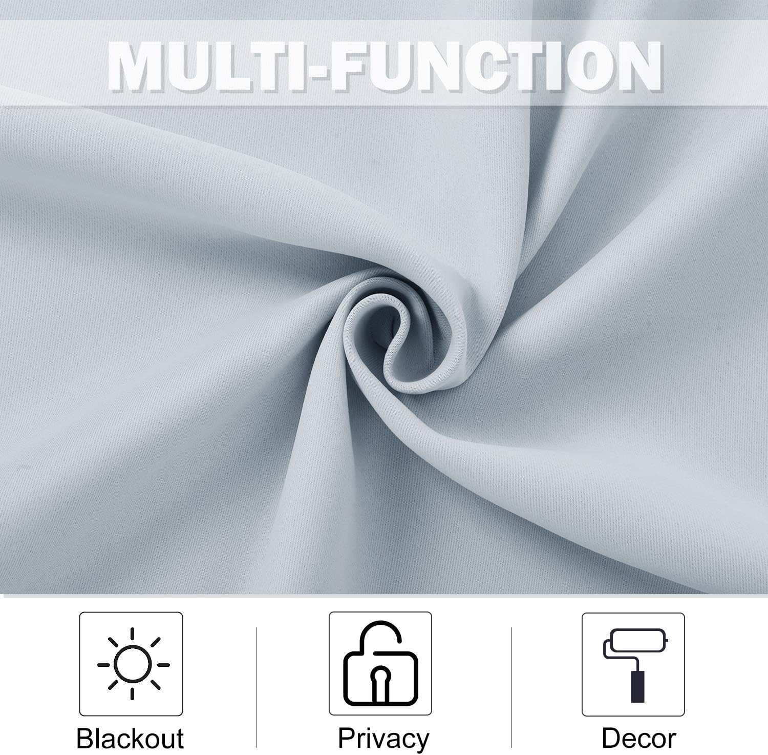 Light gray fabric with smooth texture, showcasing blackout, privacy, and decor capabilities.