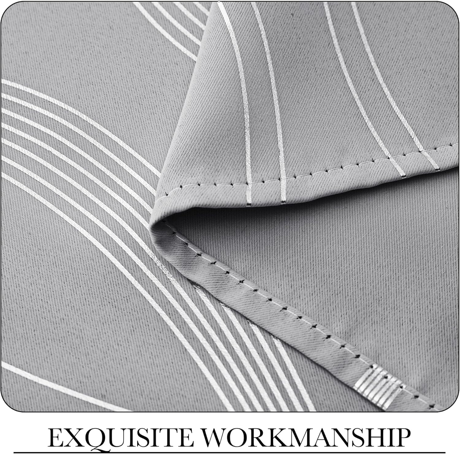 Detailed close-up of light gray curtain fabric with white linear and wavy stripes. Shows neatly stitched hem for quality.