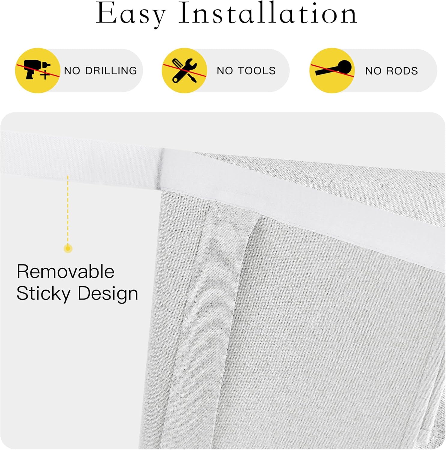 Light gray textured curtain with white sticky top, showing no-drill, no-rod installation.