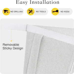 Light gray textured curtain with white sticky top, showing no-drill, no-rod installation.