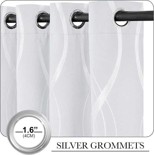 Light gray curtains with a white wavy line pattern and silver 1.6-inch grommets on a dark rod.