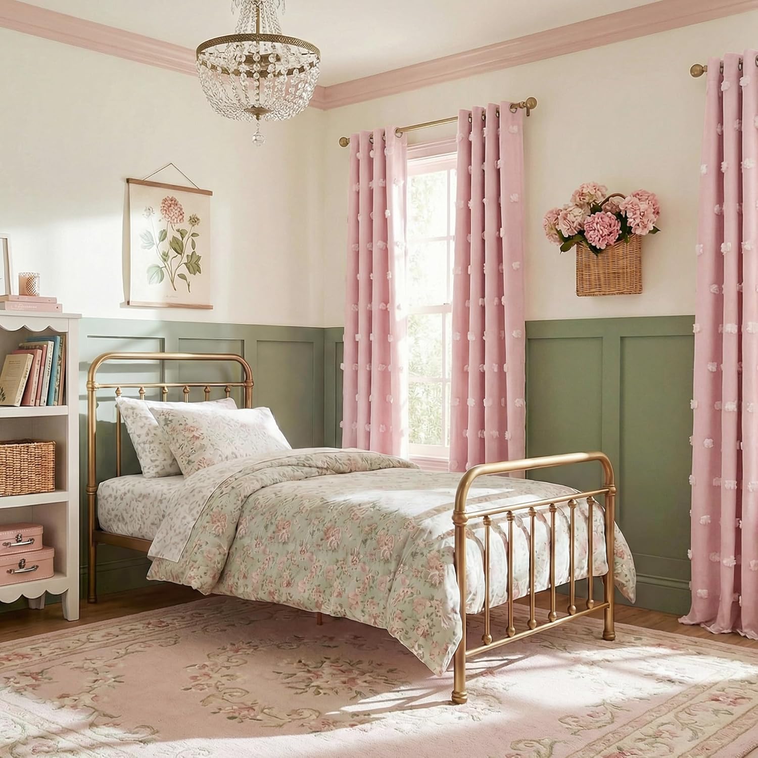 Light green duvet cover and pillow shams with delicate pink floral pattern on a gold metal bed frame.
