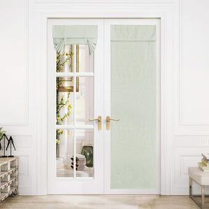 Textured light green French door shades. Includes a tie-up valance and full-length privacy panel.